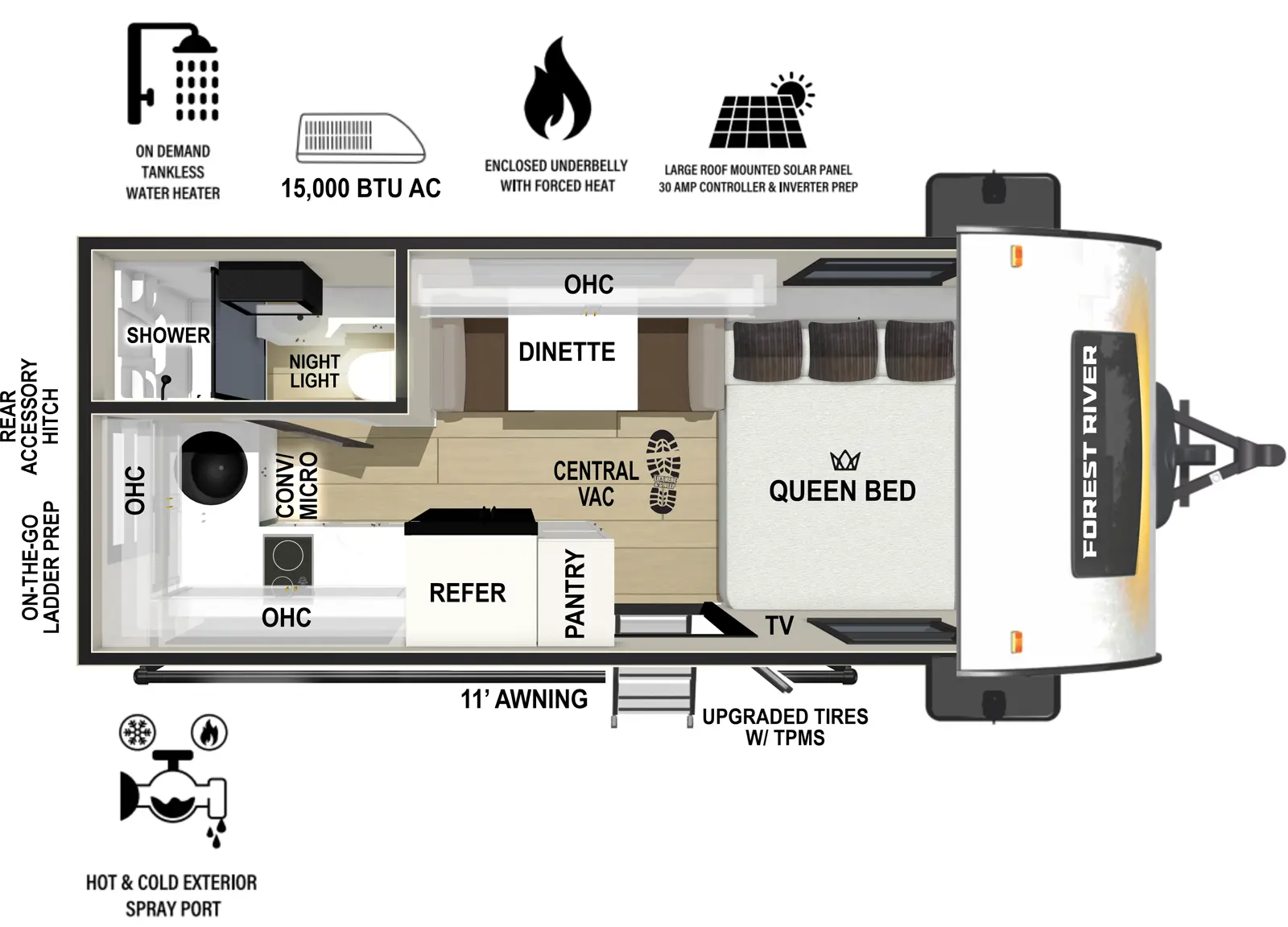 The r-pod RP-194 floorplan has one entry and zero slide outs. Exterior features include: fiberglass exterior and 11' awning. Interiors features include: front bedroom.